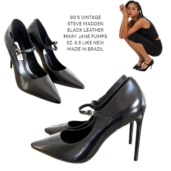 VINTAGE 90'S STEVE MADDEN BLACK LEATHER MARY JANE HEELS PUMPS SIZE 6.5 LIKE NEW - Picture 1 of 5